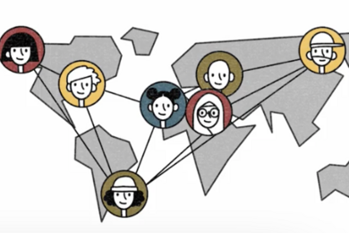 Graphic featuring a simplified world map with 7 circular symbols in different locations featuring cartoon-style faces