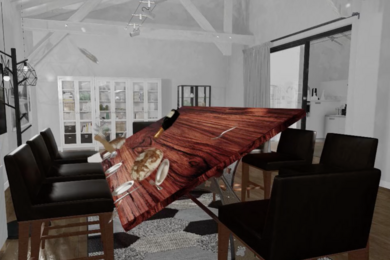 Illustration of a virtual simulation dining room, as the table is being flipped over by some unseen force.