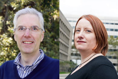 Portrait photos of two people, on the left a man and on the right a woman