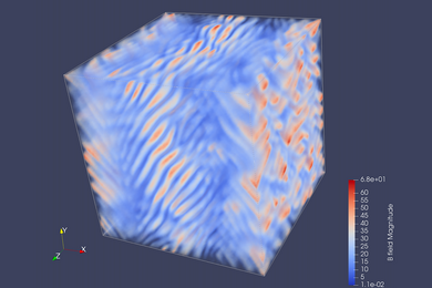 Computer rendering of a cube filled with blue and red filaments