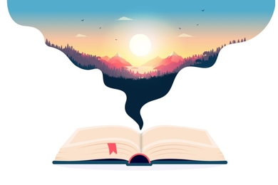 Illustration of a thought cloud emanating from an open book. Inside the cloud is an idyllic image of a sunset landscape.