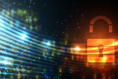 Abstract image meant to evoke cybsersecurity shows a glowing stylized padlock intercepting blue streaks of data