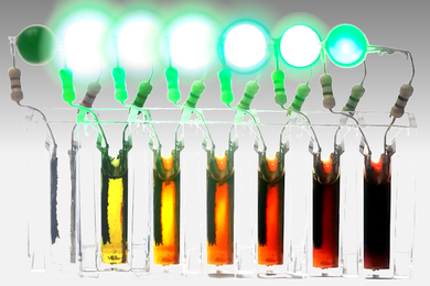 time lapse showing six stages of a battery cell fully discharging. As the battery discharges the glow it emits decreases and the material in the battery cell goes from clear to dark red.