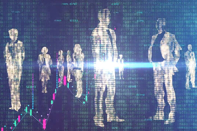Silhouettes of people made of computer code