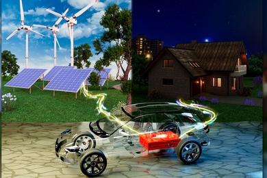 Illustration of transparent electric vehicle set between a daytime scene with an electrical current connecting it to a solar panel, and a nighttime scene of an electrical current connecting the car to a house.
