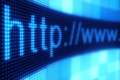 Realistic illustration showing a closeup of a curved computer or LED screen that displays the start of a URL, http://www