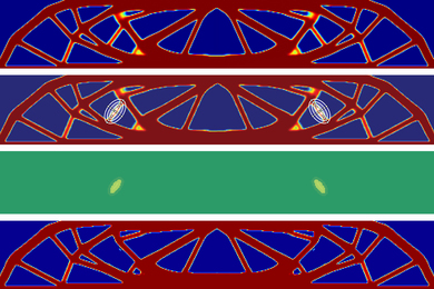 4 vertical images show the iterative design process. The top image is of a support beam made with smaller segments. The middle images highlight a specific segment. In the bottom, the segment is gone.