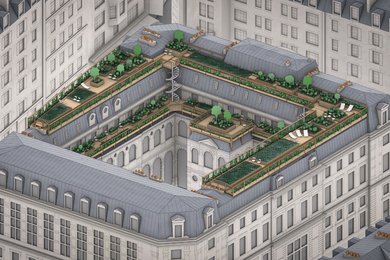 A rendering shows a square historic district hall with a courtyard in the center. It has raised vegetable gardens and trees on its roof. There are spiral staircases leading to the gardens from a lower roof. Lounge chairs and wooden railings are in the lush, green gardens. 