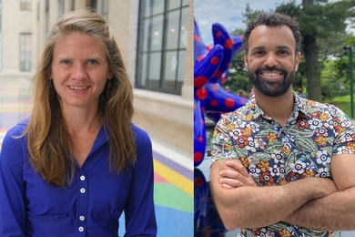 Side-by-side portrait photos of Seychelle Vos and Hernandez Moura Siva, each standing and smiling