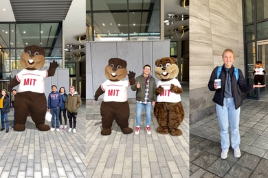 Three examples of people posing with a virtual Tim the BeaVR outside an MIT building. In the first, Tim appears giant-sized; in the second, human-sized; and in the third, palm-sized