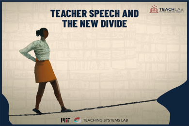Illustration of a teacher walking a tightrope. The words "Teacher Speech and the New Divide" appear across the top of the image.