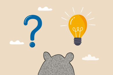 Cartoon drawing of the back of a mouse's head as it looks at a giant question mark and a giant light bulb, both floating in the sky