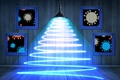 Artist's rendering of a room with four framed artworks on a wall, each showing circular shapes with virus-like spikes on their perimeters. A lamp hangs from the ceiling and casts a spiraling beam of light down to the floor.