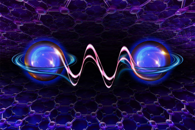 Illustration of two spherical electrons joined by a waveform, against a hexagonal lattice background