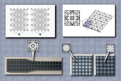 Illustration showing the development stages of 3D-printed microstructures. At left, interconnected network diagrams with two highlighted nodes. At right, a 2D pixelated microstructure pattern that looks like a crossword puzzle. Below, a physical object showcases the same complex pattern, suggesting it's a 3D-printed prototype.