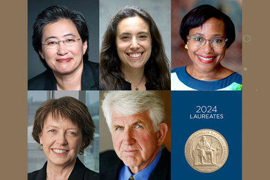 Headshots of five award winners, plus the Franklin Institute seal