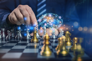 A person plays chess. A techy overlay says “AI.”