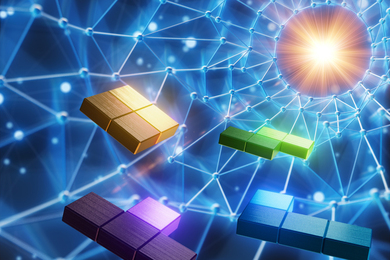 Four colorful Tetris-like pieces speed through a blue neural network, with a burst of light on the top right.