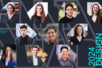 Ten portrait photos are featured in geometrical shapes on a dark blue background. Text indicates "2024 Design Fellows"