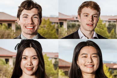 Two by two grid of Top row: Vittorio Colicci, Owen Dugan, Carina Letong Hong, and Carine You, all with the same reddish roofttops and trees in the background 