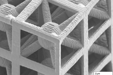 Electron microscope image of a "braced cubic" metamaterial, a cubed lattice with a sphere at the center of each cube