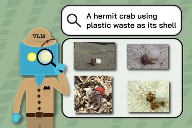 A cartoon robot dressed as an explorer inspects search results for “A hermit crab using plastic waste as its shell,” with four photos displayed