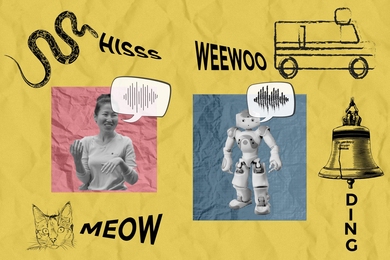 A woman and a cartoon robot are each in a separate box surrounded by drawings of a snake, an ambulance, a cat, and a bell, with text indicating the sounds they each make. 