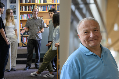 In one photo, Ian Stewart speaks with a group of four graduate students in his office; at right, a portrait photo of Roberto Fernandez