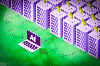 A laptop with “AI” text on the screen is connected to many data servers, on top of toxic green flooring.