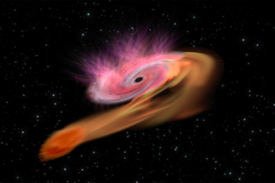 Illustration of a tidal disruption event shows glowing material being drawn into a whirlpool shape around a black center