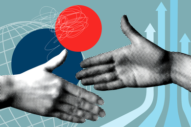 Hands shaking with business icons in the background