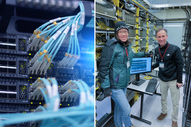 At left, fiber optic cables are plugged into a data center rack. At right, Hilary Chang and John Morgante pose by a computer in a room filled with wires
