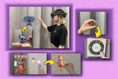 Using a mixed reality headset, a researcher plays with a toy of the Disney character Stitch, a dog doll, and an iPod in a virtual environment. These scenes are depicted in rectangular frames over a purple background.