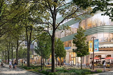 Street-view rendering of 75 Broadway, a glass building labeled “Biogen” with a restaurant on the ground floor, and a pedestrian walkway surrounded by trees