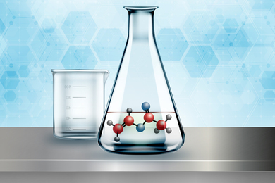A vinyl acetate molecule in a laboratory beaker