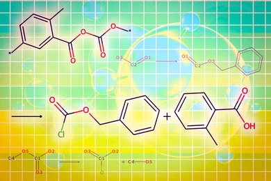Black molecule icons have red and green additional parts.