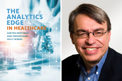 At left: The Analytics Edge in Healthcare book cover. At right: Dimitris Bertsimas’ headshot