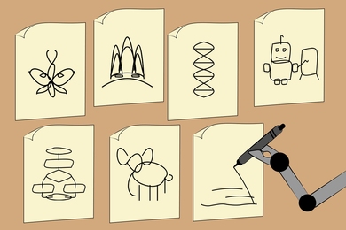 Cartoon of a robotic arm making childlike line drawings of things like butterflies, elephants, and DNA helixes on pieces of paper.