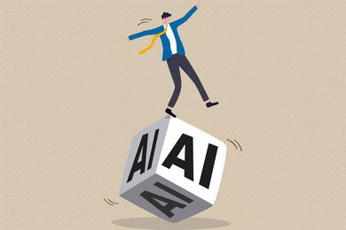 A person balancing on a die marked “AI” on all sides