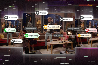 Scenes from a TV sitcom have labels on them like “#friends, #comedy, #speaking.”