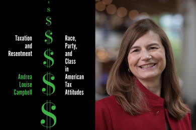 On left, the book, “Taxation and Resentment,” has green dollar signs down the middle. On right is a portrait of Andrea Campbell.