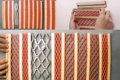 Three photos show a weaved curtain expanding and contracting, with a metallic lattice in it serving as the antenna.