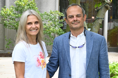 Flavia Cardarelli and Raul Radovitzky pose in front McCormick Hall