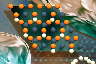 A lattice of spheres above textured materials.