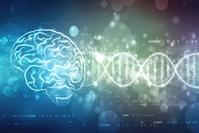 White line-art drawing of a brain overlaid on a horizontal-running DNA double helix, on a dark background showing ones and zeroes to represent computer code.