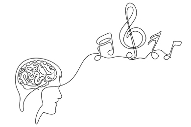 Continuous one-line illustration of a man's head with musical notes emerging from the brain.