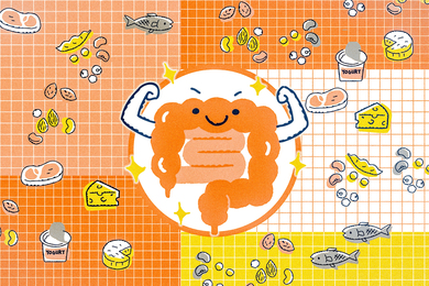 A cute intestine smiles while surrounded by foods like cheese, meat, and nuts.
