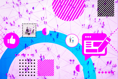Aerial view of people with social media icons