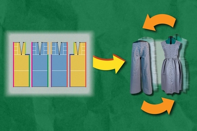 At left, four panels representing bolts of fabric, with an arrow pointing to a pair of jeans and a skirt. Arrows above and below the clothing indicate interchangeability