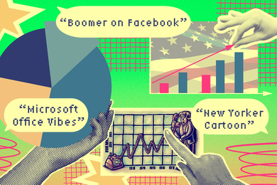 Three types of charts and text bubbles say, “Boomer on Facebook,” “Microsoft Office Vibes,” and “New Yorker Cartoon.”